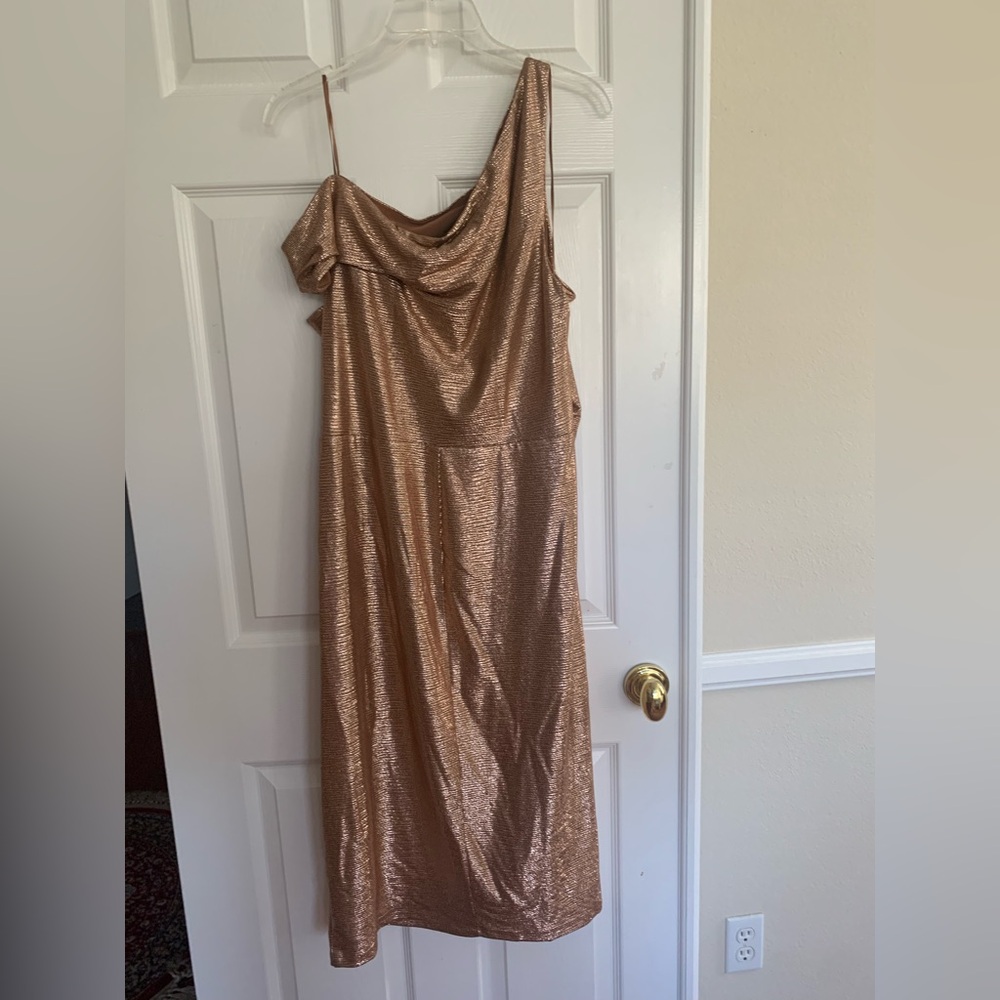 NWT Ralph Lauren Dress: Metallic Bronze, Asymmetric Cold Shoulder, Midi, Zip, 18